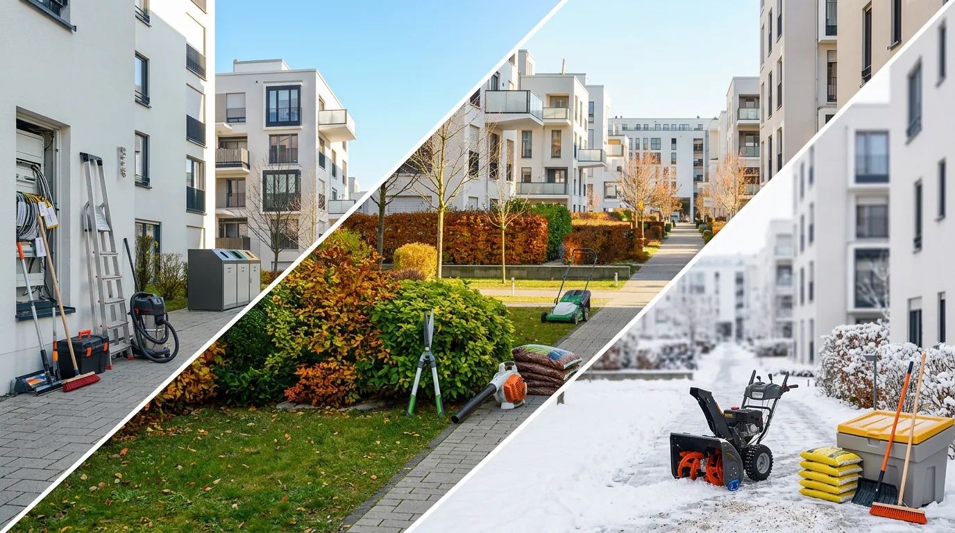 Hausmeisterservice im Jahresverlauf: Objektbetreuung, Grünflächenpflege und Winterdienst